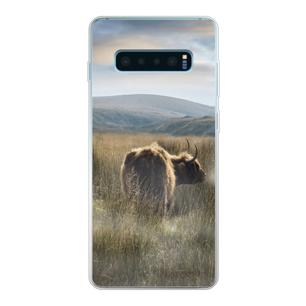 MuchoWow Handyhülle Schutzhülle Hülle für Samsung Galaxy S10 Plus Schottische Highlander - Nebel - Gras Silikon Softcase Handy Hülle - Schut...