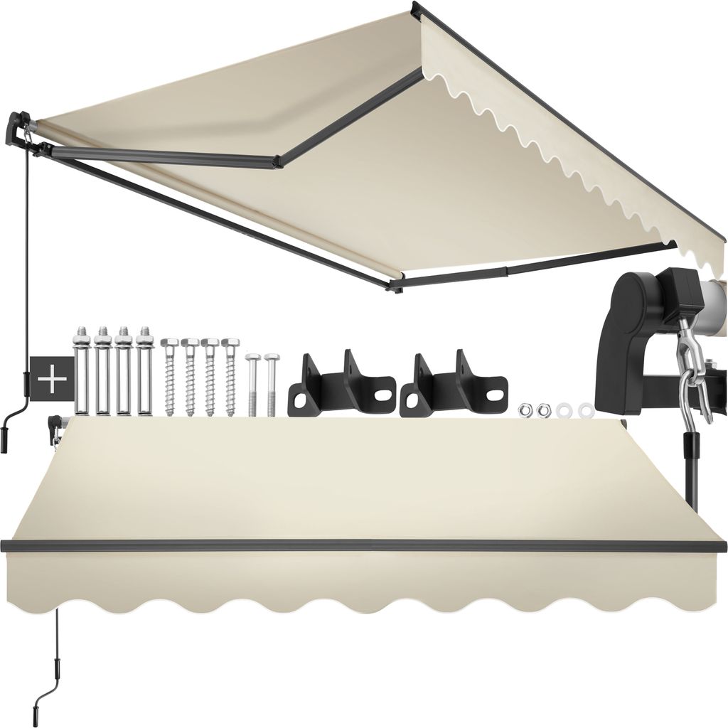 A beige awning and its mounting hardware are displayed against a white background.