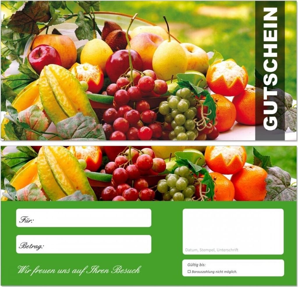100 Stück Premium Geschenkgutscheine (Obst-670) - Ein schönes Produkt für Ihre Kunden Gutscheine Gutscheinkarten für Bereiche wie Gastronomie, ...