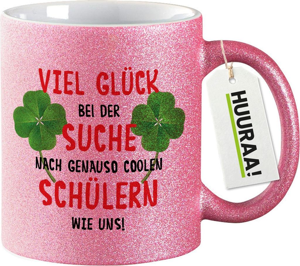 Huuraa Glitzertasse Glück bei suche coole Schüler 330ml Pink Keramik Kaffeebecher Geschenkidee