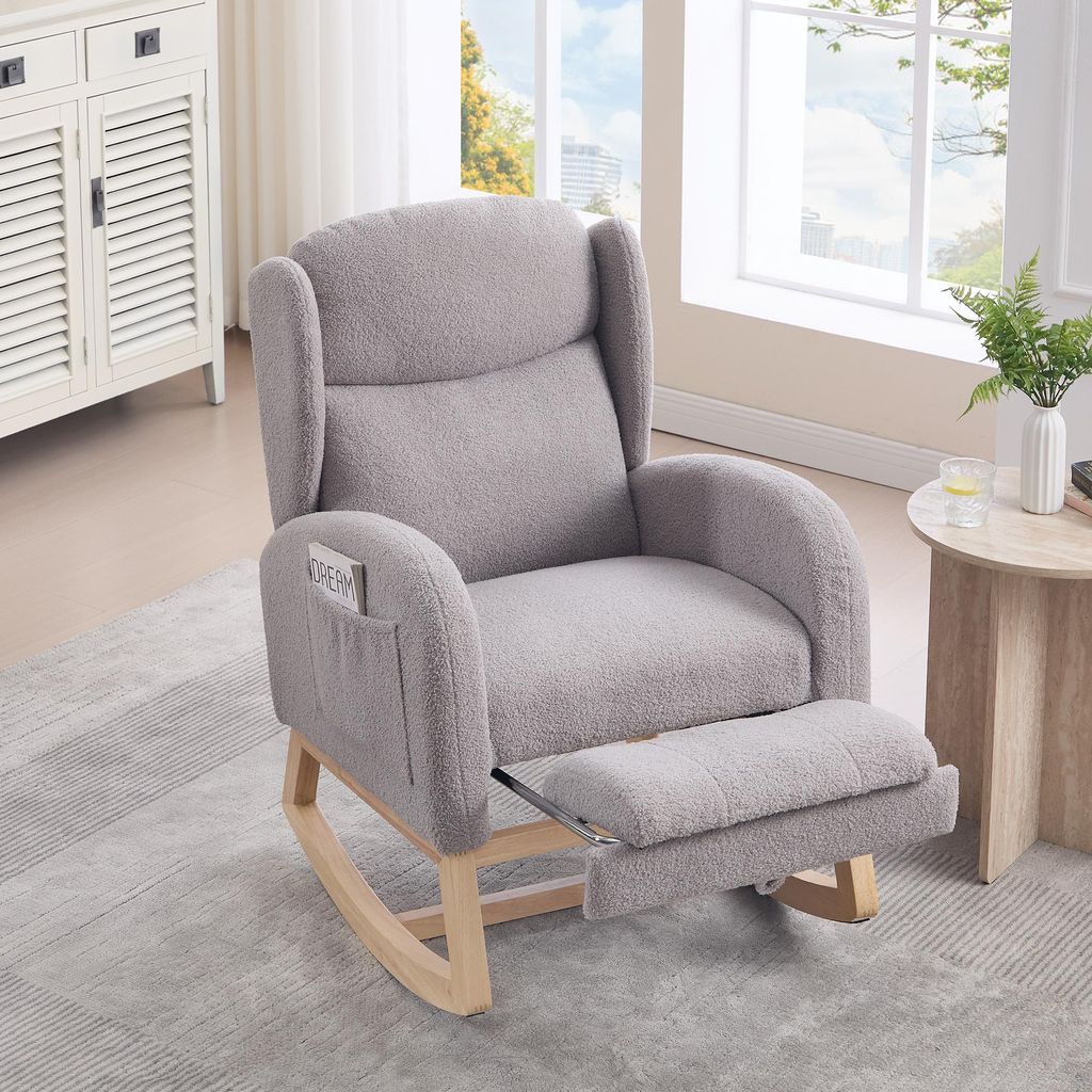 Sweiko 049B Schaukelstuhl, Stillstuhl, Lounge-Sessel mit Holzgestell, verstellbare Fußstütze, hohe Rückenlehne, Teddy-Stoff, mit Tasche, bequeme...