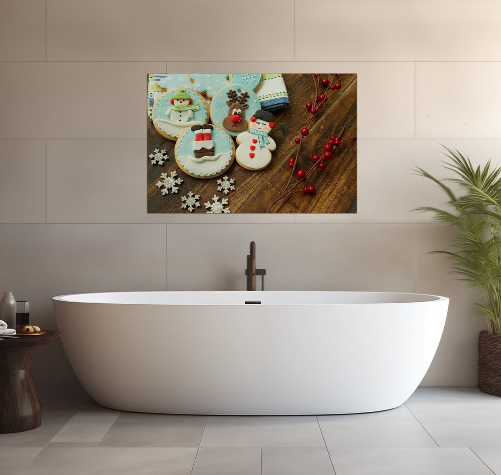 Wallario wasserfestes Poster selbstklebend 91,50 x 61 cm, Weihnachten in der Küche - Plätzchen auf einem Holztisch, Badezimmerposter Spritzschutz...