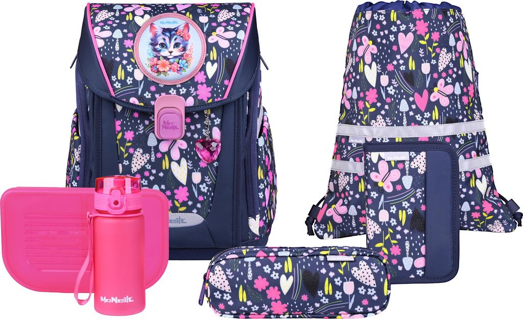 A collection of school supplies including a backpack, a drawstring bag, a pencil case, a pencil box, and a water bottle, all featuring a floral and animal print.