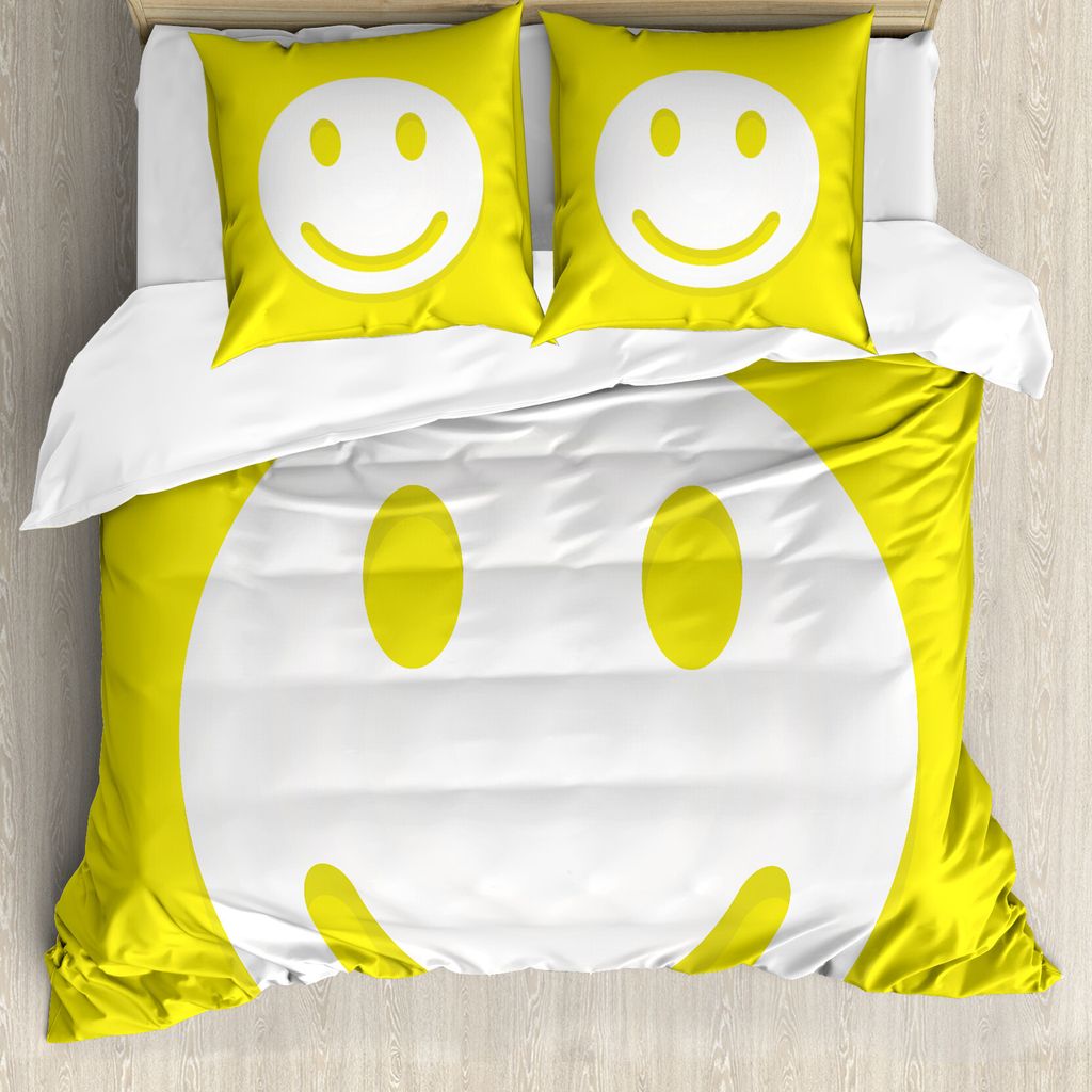 ABAKUHAUS Gelb Bettbezug, Gelb Positiv Smiling Face, Milbensicher Allergiker geeignet mit Kissenbezügen, 155 cm x 220 cm - 80 x 80 cm, Gelb und Weiß