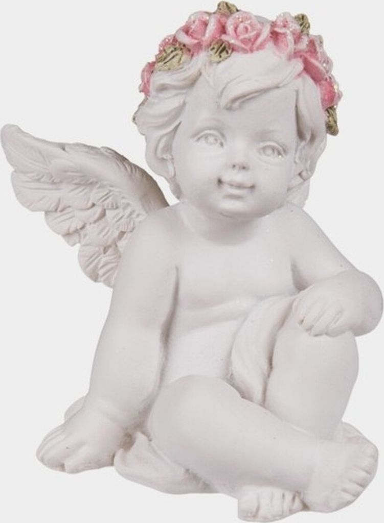 Engel sitzend mit rosafarbenen Rosenblütenkranz 4 Stück ca. 6 cm Deko Engel Figur