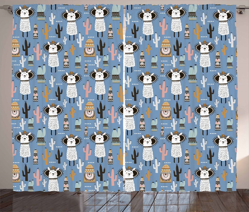 ABAKUHAUS Gekritzel Rustikaler Vorhang, Tribal Lama, Wohnzimmer Universalband Gardinen mit Schlaufen und Haken, 280 x 245 cm, Mehrfarbig