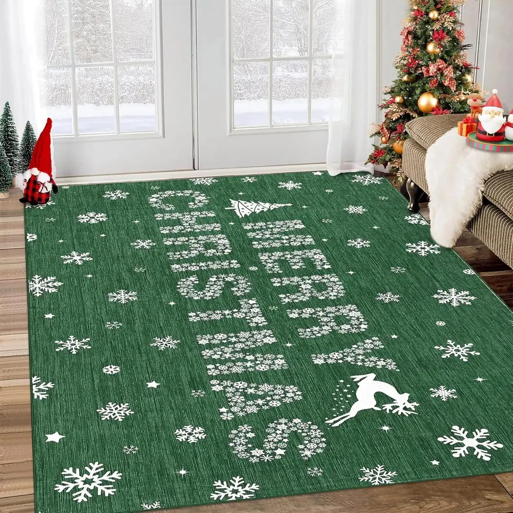Tapis Vert Doux Antidérapant Flocon de Noël 120cm en Polyester Lavable