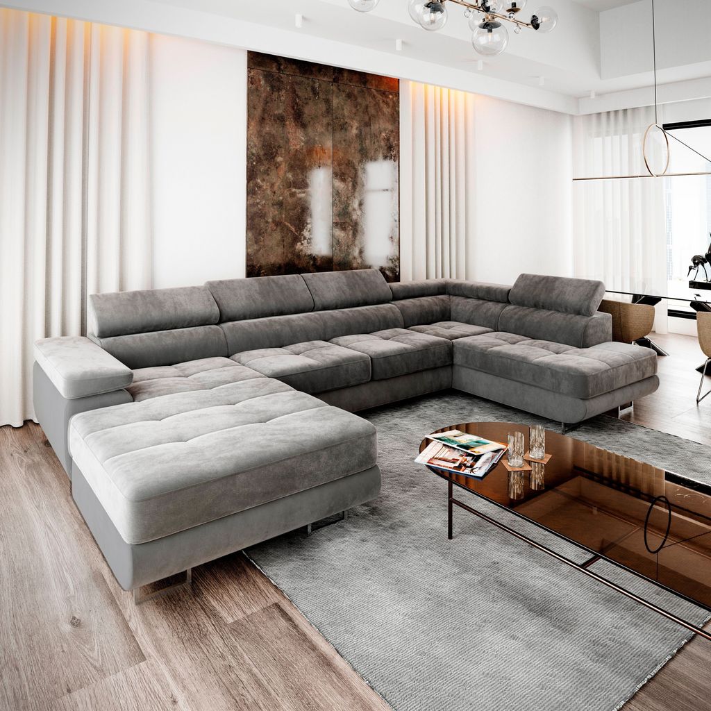 Masseno Ecksofa CASONE R-S mit Schlaffunktion U-Form, Sofa mit Bettkasten, Wohnzimmersofa, Couch, Soffa, Bettsofa, Couchgarnitur- Grau, MONOLITH 85