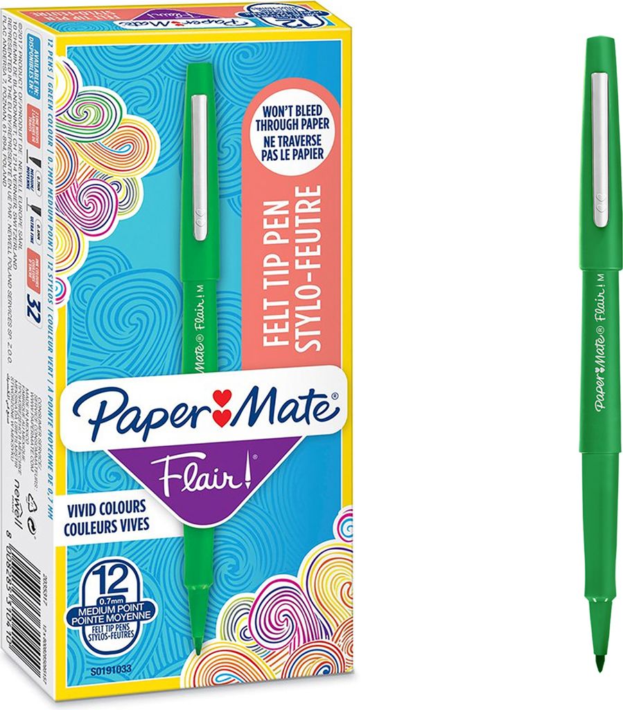 Paper Mate Flair Filzstifte | mittlere Spitze (0,7 mm) | Grün | 12 Stück