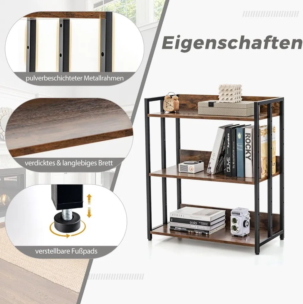 Étagère de rangement 3 niveaux en métal pour livres et décoration maison