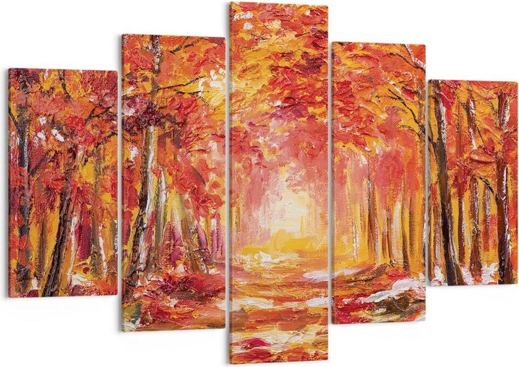 Bild auf Leinwand - Leinwandbild - 5 Teile - Herbst Wald Rot - 150x100cm - Wand Bild - Wanddeko - Wandbilder - Leinwanddruck - Bilder - Wanddekorat...