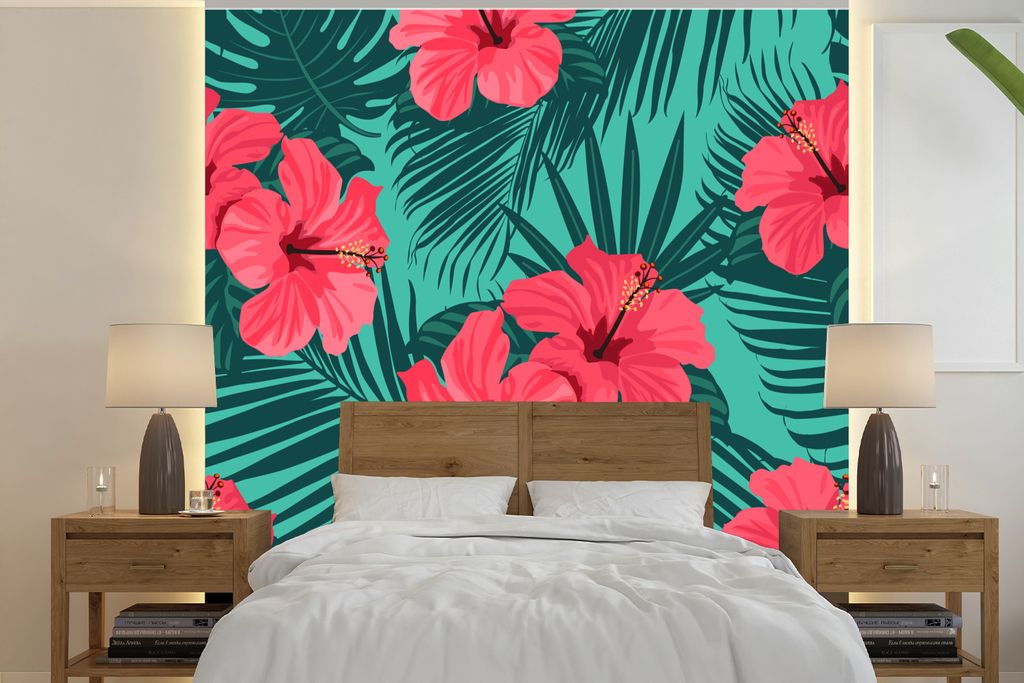 MuchoWow Fototapete für Wohnzimmer oder Schlafzimmer Wandtapete Vinyl Motivtapete Tropisch - Blumen - Palmenblatt - 220x220 cm - Tapeten