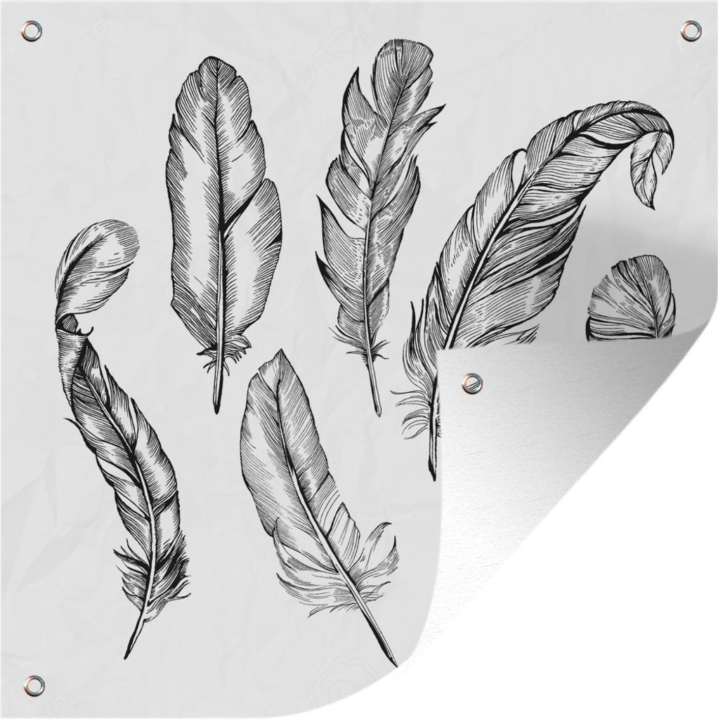 MuchoWow 50x50 cm Outdoor-Poster Gartendeko Sichtschutz Garten Poster für den Garten Eine schwarz-weiße Illustration von Federn