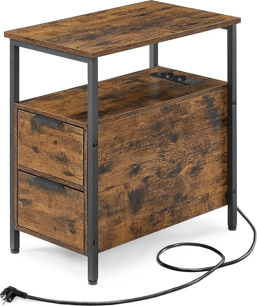 Table d'appoint avec multiprise intégrée et 2 tiroirs de rangement noir