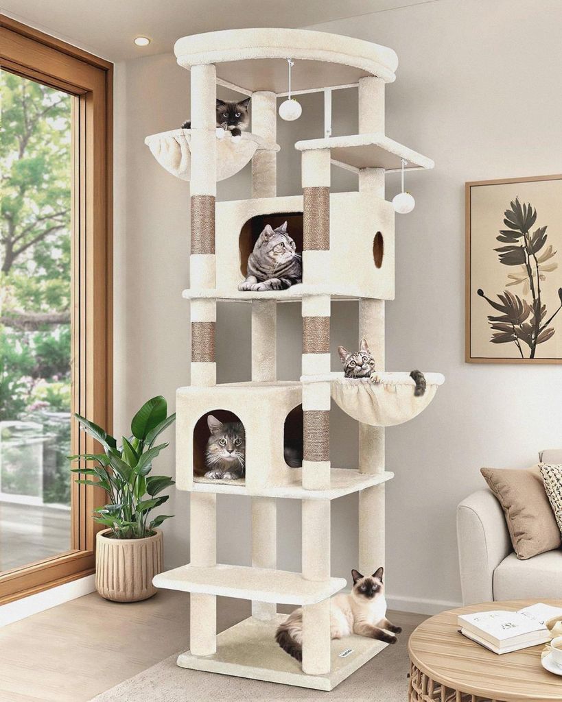 Kratzbaum Beige Große hoch 188 cm mit 2 Großer Katzenhaus, Gepolsterte Plattform, 2 Katzenkorb Vergrößern, Reinigbar Katzenbaum Ecke Stabil Kip...