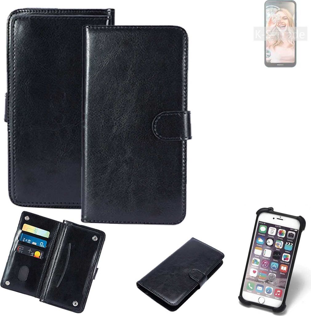 K-S-Trade 360° Hülle kompatibel mit Huawei Y5 2019 schwarz Kunstleder Case BookCase WalletCase Kunstlederederhülle Handyhülle, Rundumschutz Bumper