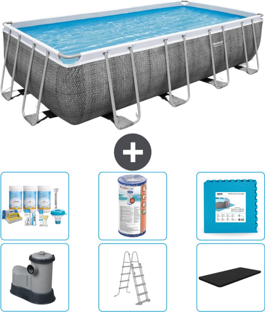 Bestway rechteckiges Power Steel-Schwimmbecken – Rattan-Druck – 549 x 274 x 122 – inklusive Pumpe – Leiter – Abdeckung Wartungspaket - Fi...