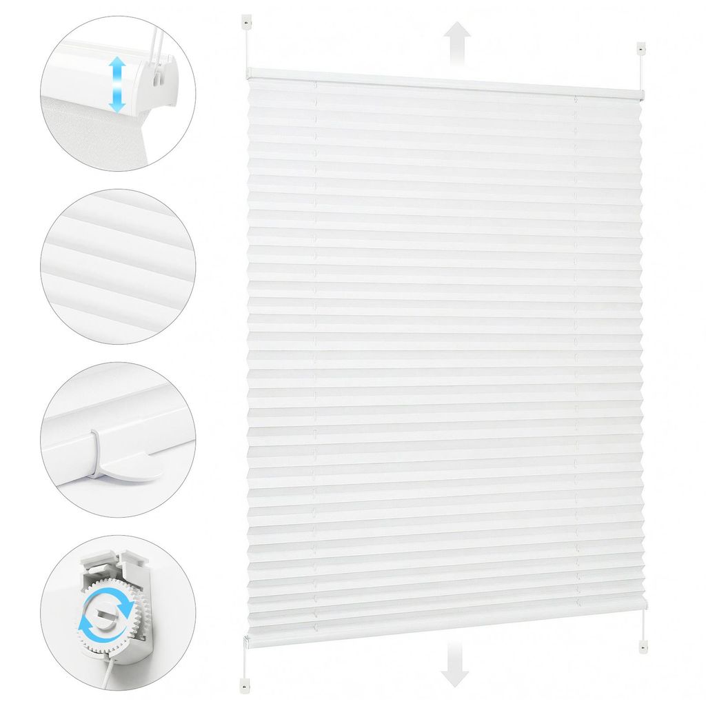 Plissee Klemmfix ohne Bohren 90x130cm Sonnenschutzrollo Verspannt Lichtschutz Faltrollo Rollos für Fenster und Tür Weiß