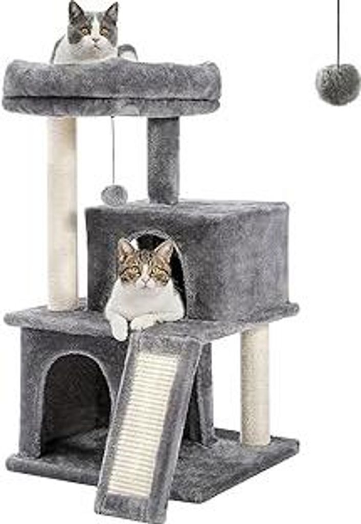 PETEPELA Katzenbaum Kratzbaum Kratzbäume Katzenmöbel mit Sisal-Seil Plüsch Liege höhlen Spielhaus Spielzeug für Katzen Grau
