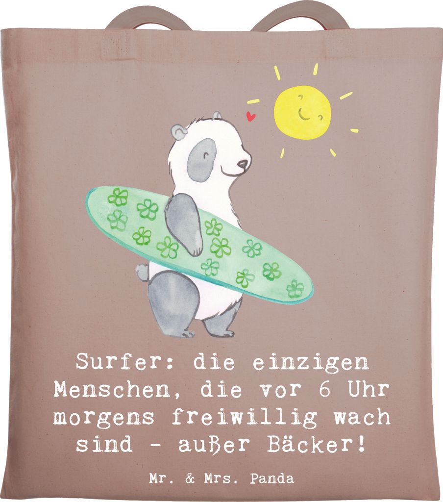 Mr. & Mrs. Panda Uni Tasche Surfen Frühaufsteher - Braun Pastell - Geschenk, Laptoptasche, Shopping, Wellenreiten, Strand, Jutebeutel, Sportler, S...