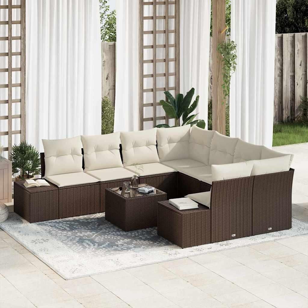 Maison Exclusive - Garten-Sofa-Set mit Kissen 9 pcs Braun und Creme Poly-Rattan