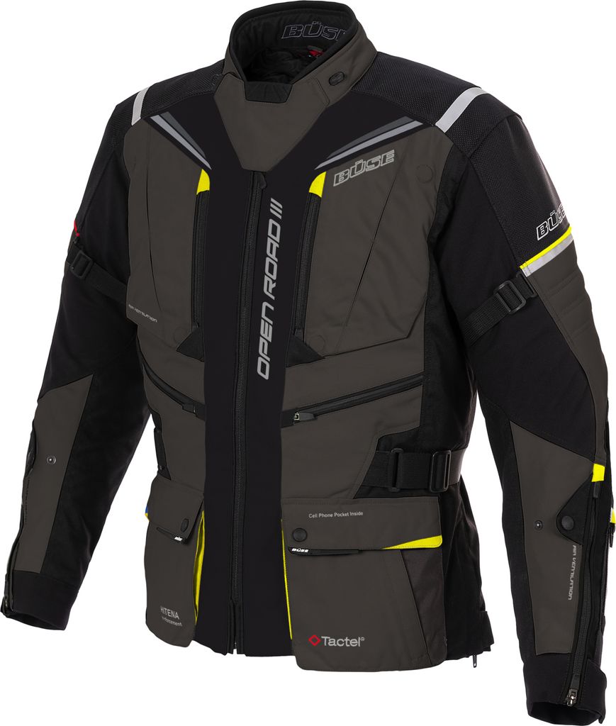 Büse Open Road III wasserdichte Damen Motorrad Textiljacke, anthrazit/schwarz/gelb, 38