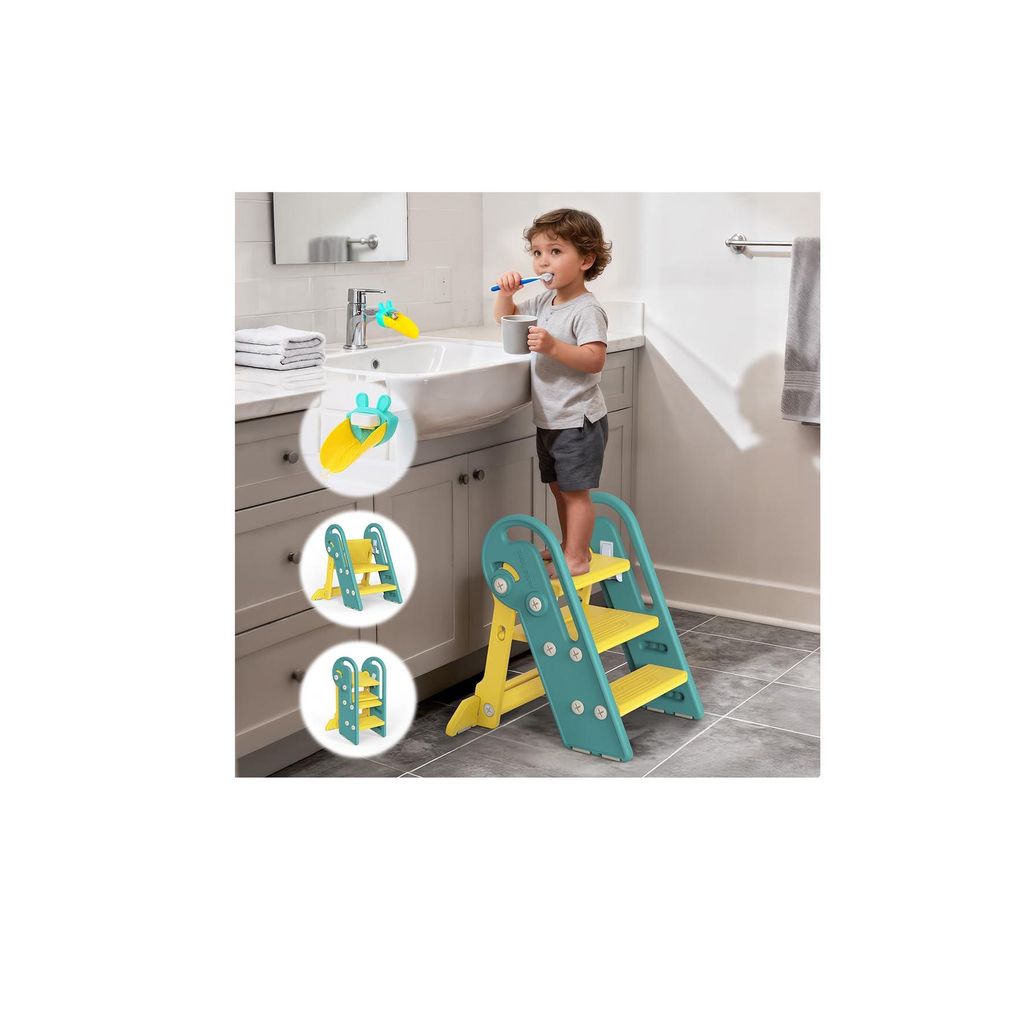 Onasti Kinder-Trittleiter, höhenverstellbar, 3 Stufen, mit Griffen, klappbar, kippsicher und rutschfest, für Küche, Bad, Waschbecken und Toilette