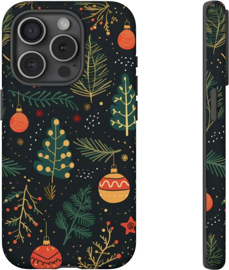 Festliches Weihnachtsmuster mit Tannenzweigen und Christbaumschmuck – Hülle Kompatibel mit iPhone 15 Pro