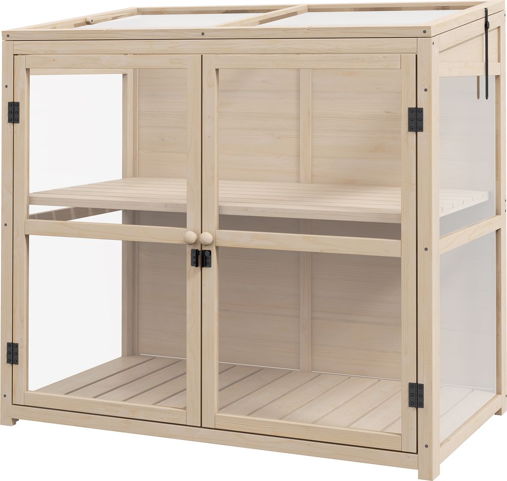 Outsunny Frühbeet aus Holz Gewächshaus 2-Stufiges Treibhaus mit Doppeltür, Dachfenster, Winddichtes Hochbeet, für Garten, Balkon, Natur, 103 x ...