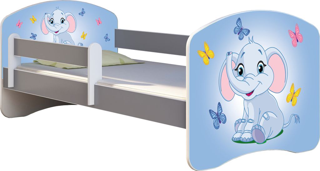 ACMA Jugendbett Kinderbett Junior-Bett Komplett-Set mit Matratze Lattenrost und Rausfallschutz Grau 26 Elefant 140x70