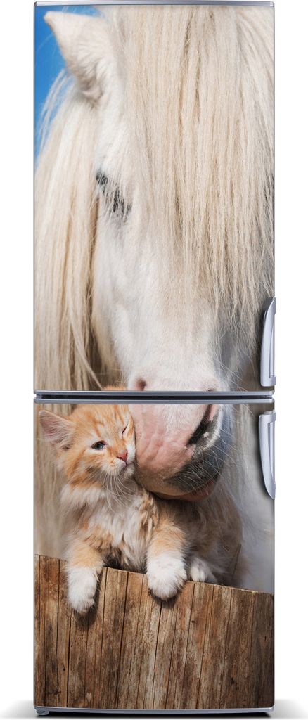 Tulup Kühlschrankdekoration - Magnetmatte - 70 cm x 190 cm - Magnet auf dem Kühlschrank - Weißes Pferd Mit Einer Katze