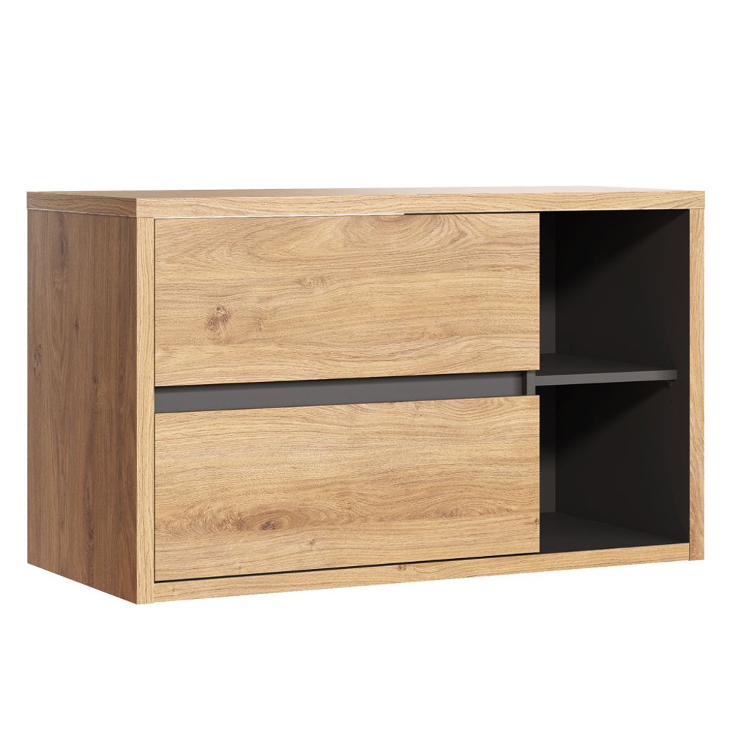 A product shot of a modern cabinet with wood-grain finish and gray accents.