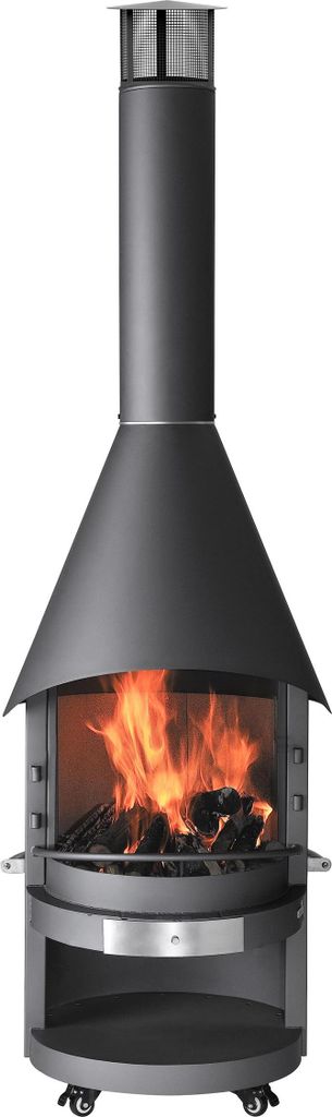 A freestanding outdoor fireplace with a chimney, showing a fire burning inside.