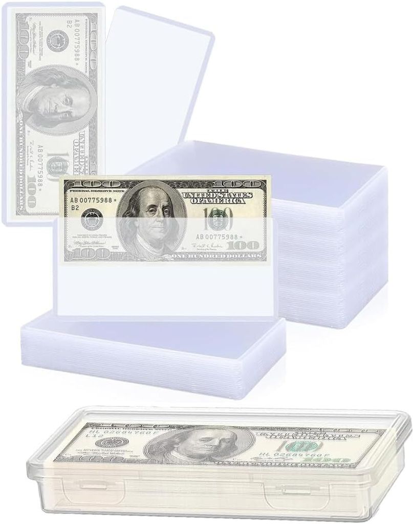 100er-Pack Kunststoffhüllen für Papiergeld – Geldhülle für Scheine mit Aufbewahrungsbehälter. Transparente Hüllen für Banknoten, Rechnunge...
