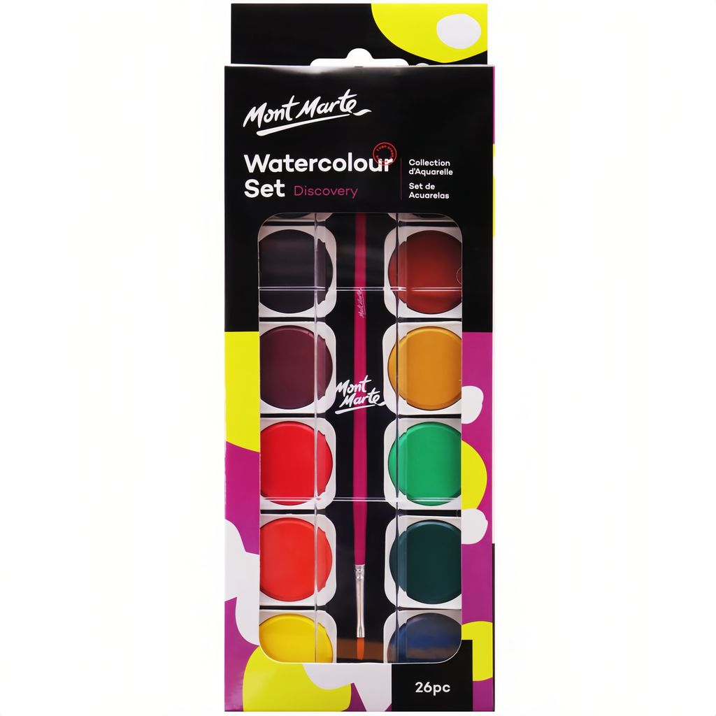 Mont Marte Aquarellfarben Wasserfarben Set – 24 Farben mit 1 Pinsel & Deckweiß – ideal für Aquarellmalerei – Hohe Deckkraft & einfaches Mis...