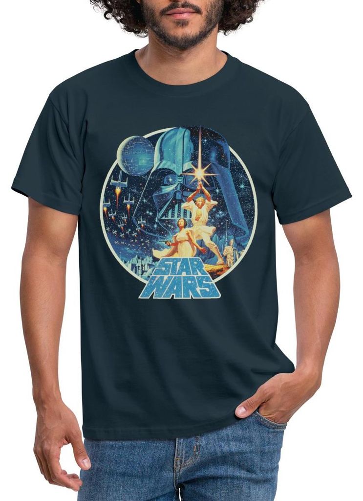 Star Wars Galaxie Mit Ikonischen Charakteren Männer T-Shirt, M, Navy
