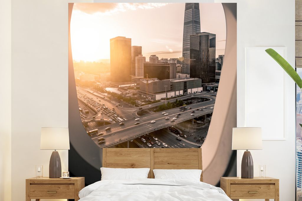 MuchoWow Fototapete für Wohnzimmer oder Schlafzimmer Wandtapete Vinyl Motivtapete Blick auf die chinesische Stadt Peking aus einem Flugzeugfenst...