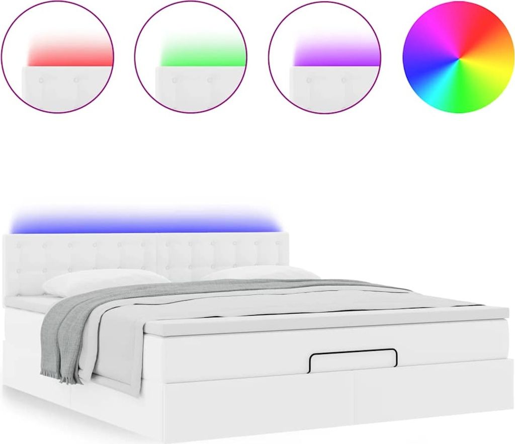 Ottoman-Bett mit Matratzen & LEDs Reinweiß 160x200cm Kunstleder