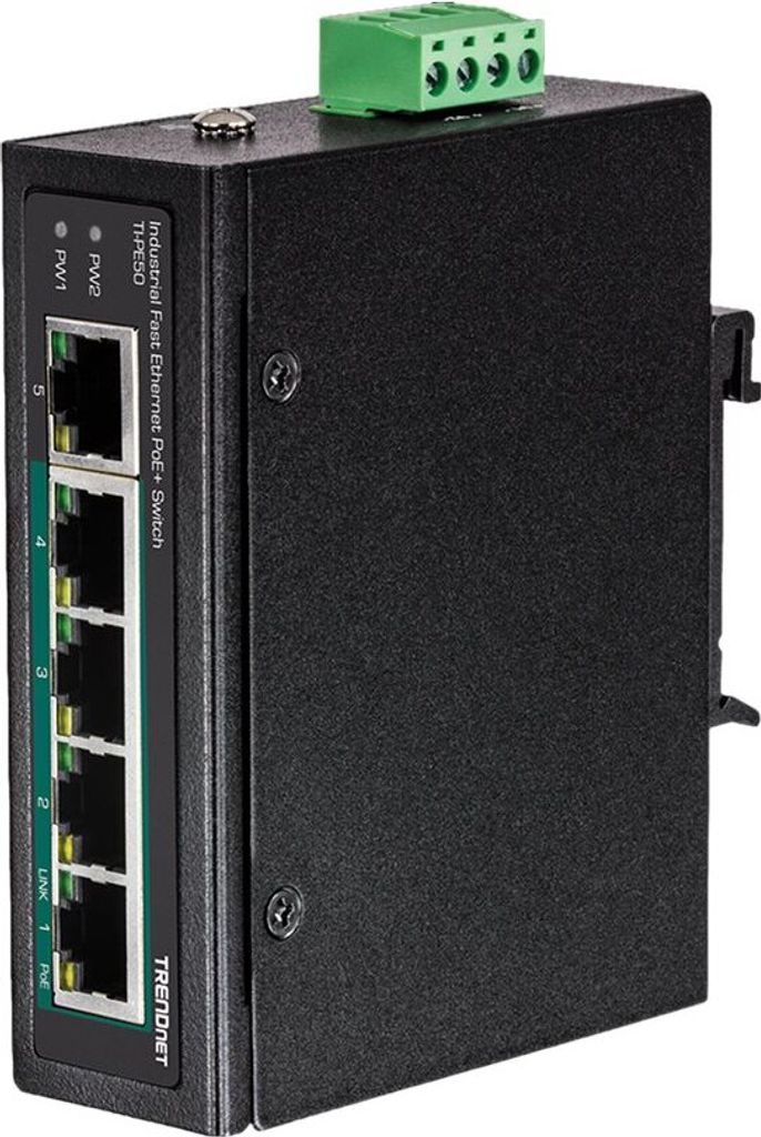 TRENDnet TI-PE50 DIN-Rail Switch 5-Port Industrial Fast Ethernet PoE+