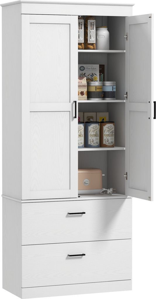 A white pantry cabinet with two doors and two drawers, filled with various food items and containers.
