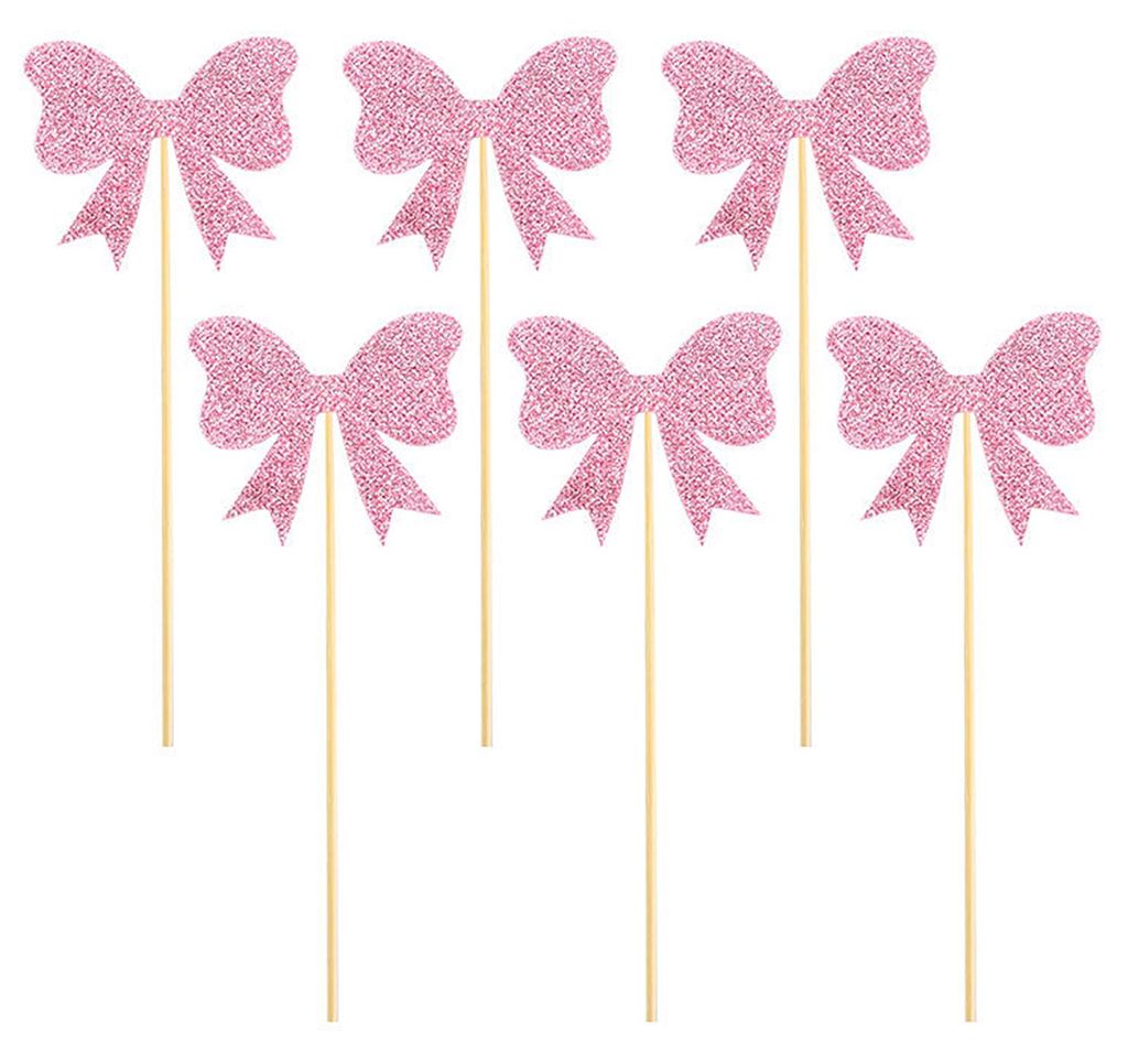 Partydeko-Set mit Schleifenmotiv: Rosa Quastenbanner, Tortenaufsätze, goldene Glitzerspiralen zum Aufhängen – Mädchengeburtstagsdeko