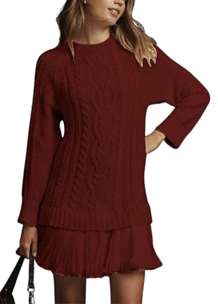 ASKSA Damen Pulloverkleid Cable Knit Rundhals Strickkleid Einfarbig Langarm Minikleid Freizeitkleider Pullover (Weinrot,3XL)