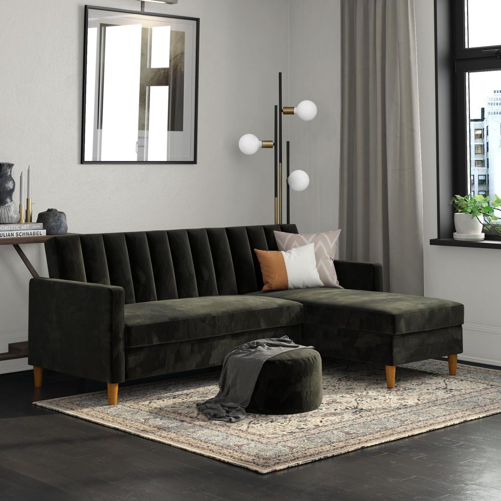 Cecilie | Schlafsofa 4 Sitze mit Chaise Lounge aus Samt Schwarz