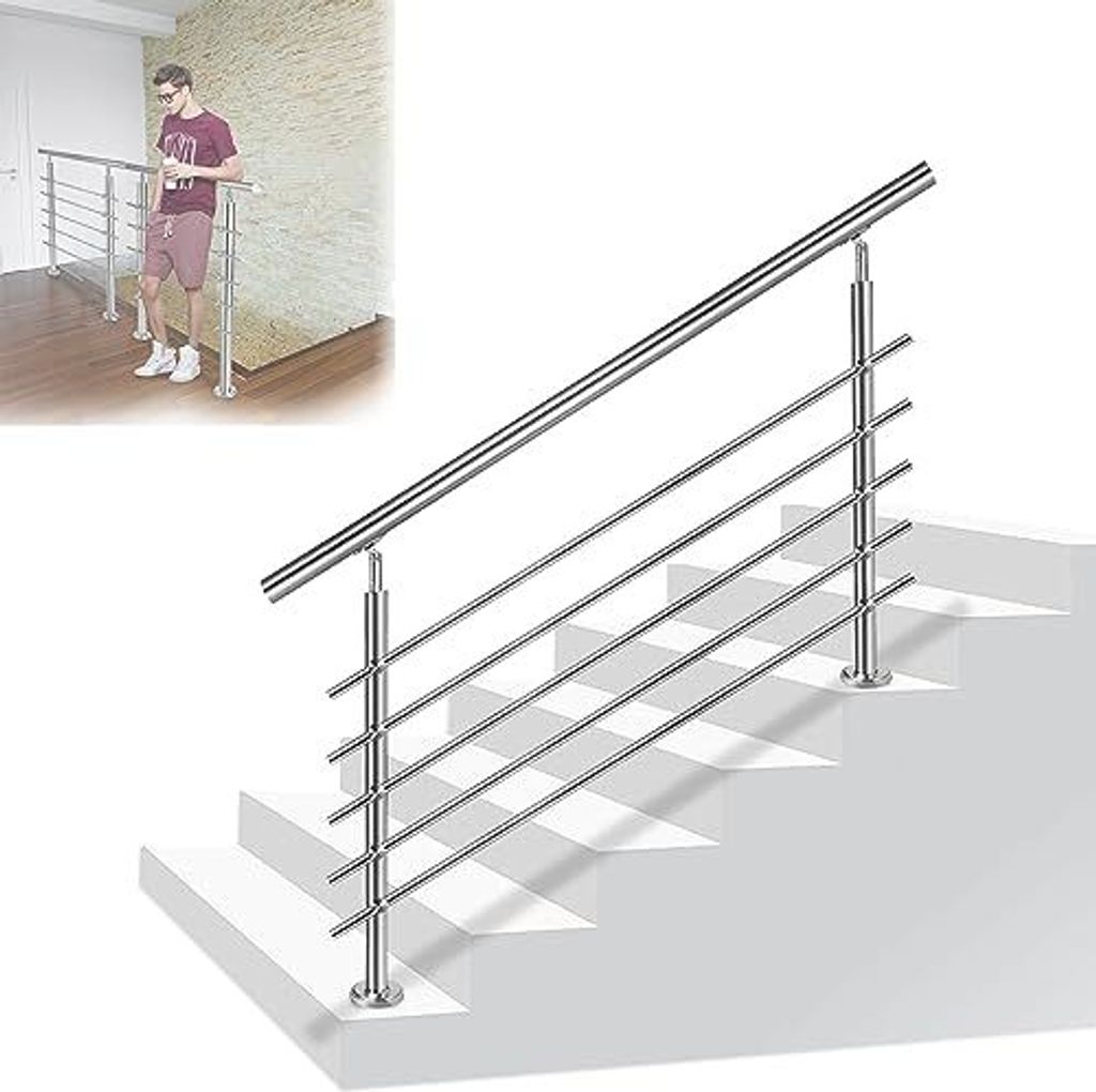 ACXIN Handlauf Geländer Treppengeländer Ø 42 mm Geländerstäben aus Edelstahl Terrassengeländer Bodenmontage Bausatz Treppen (200cm, 5 Querstr...