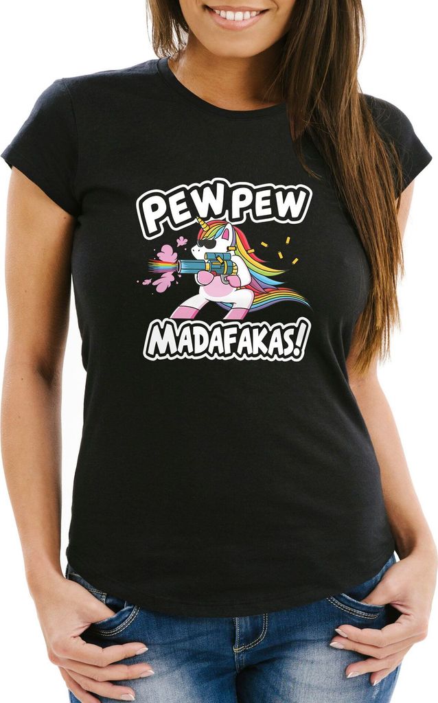 Damen T-Shirt Pew Pew Madafakas böses Einhorn Regenbogen Unicorn Slim Fit Moonworks schwarz XS