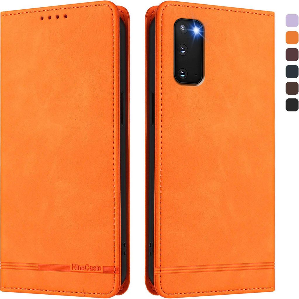 Hülle für Samsung Galaxy S20 5G, Retro Kunstleder Ständer Klapphülle mit Kartenfächer und Magnetische Orange