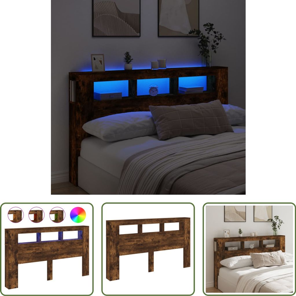 The Living Store LED-Kopfteil Räuchereiche 180x18,5x103,5 cm Holzwerkstoff