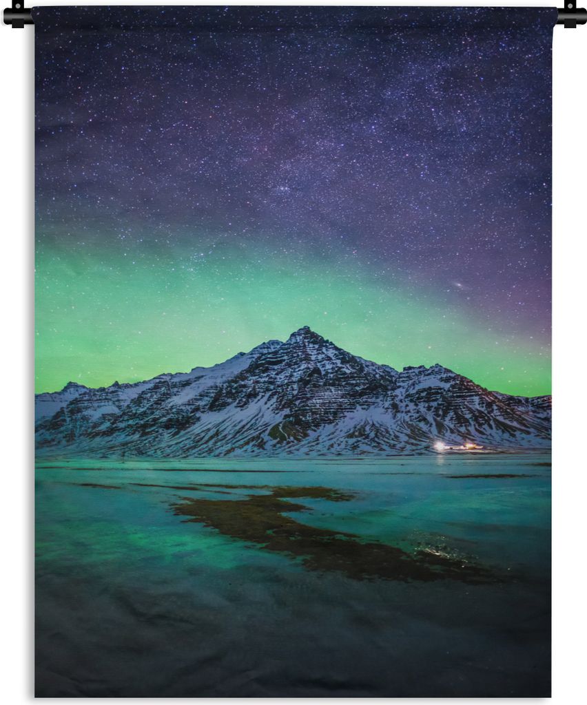MuchoWow Wandteppich Wandbehang Berg - Nordlichter - Schweden - Schnee - Grün - Winter 150x200 cm Tapisserie Dekoration Wandtuch - Wandaufhängu...