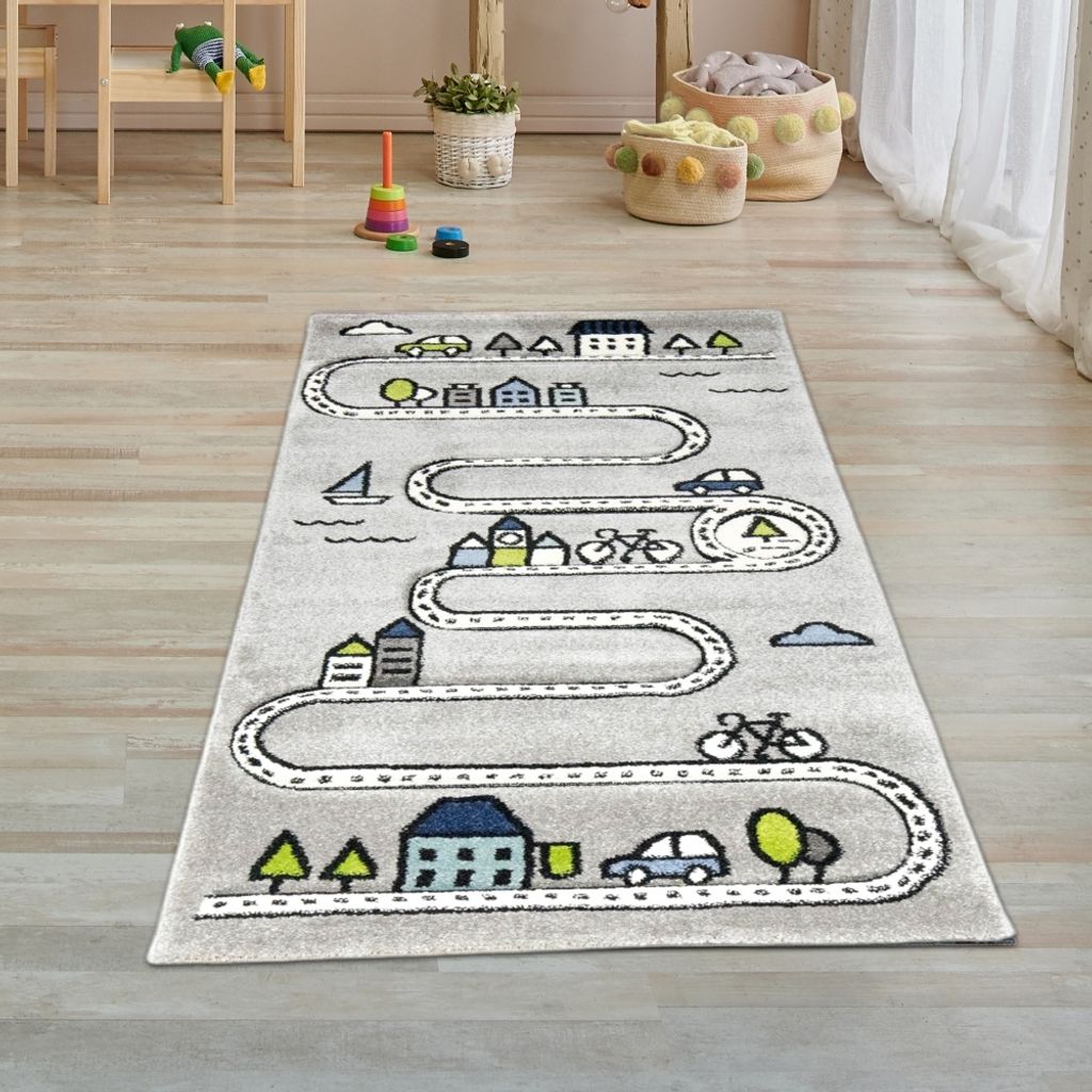 Kinderteppich Straßenteppich Lernteppich Junge mit Straßen Produktbild 