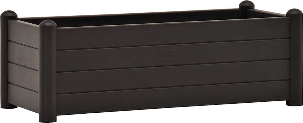 A dark brown rectangular planter box with a slatted design and rounded corner posts, shown against a white background.